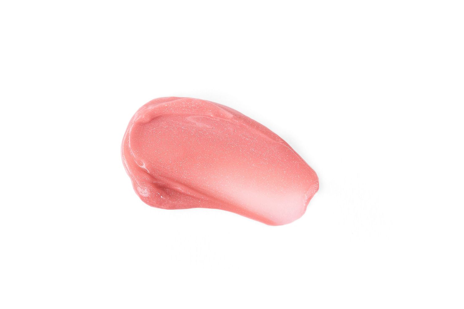 Pink lip gloss swatch on white background, showing glossy texture and sheer rosy pink color.
