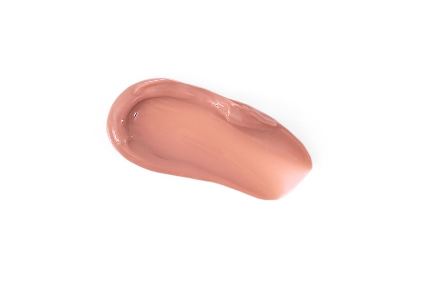Nude pink lip gloss swatch on white background, showing creamy texture and glossy finish.