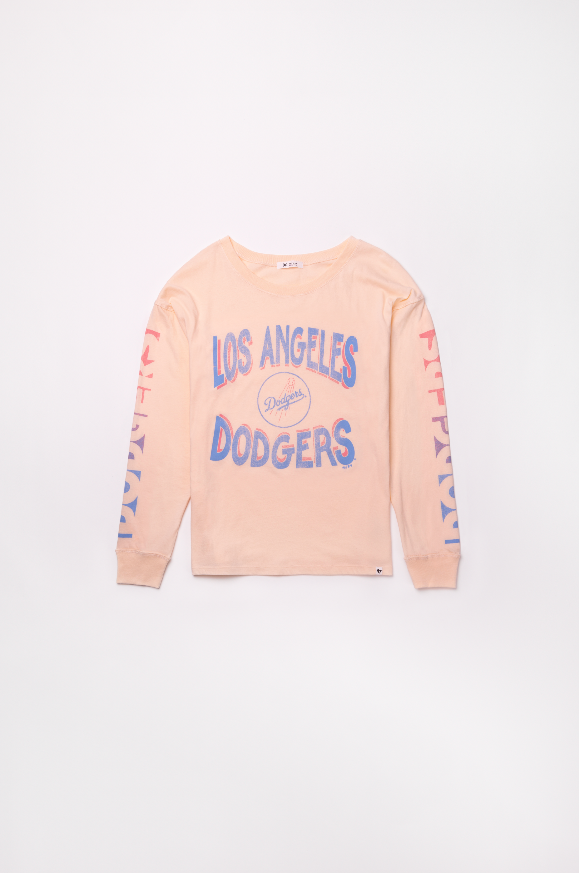 Pink long sleeve crop top with Los Angeles Dodgers baseball team logo and text in blue lettering.