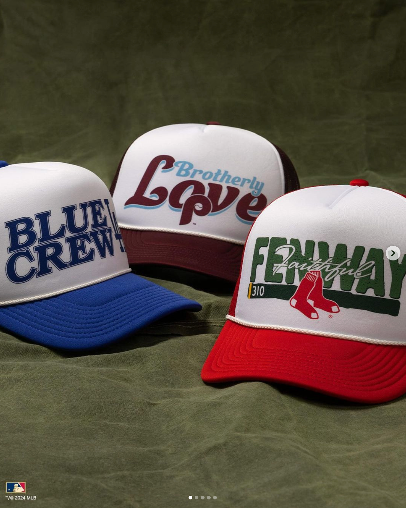Three vintage-style MLB baseball caps featuring Blue Crew, Love, and Fenway designs in red, white and blue colors.