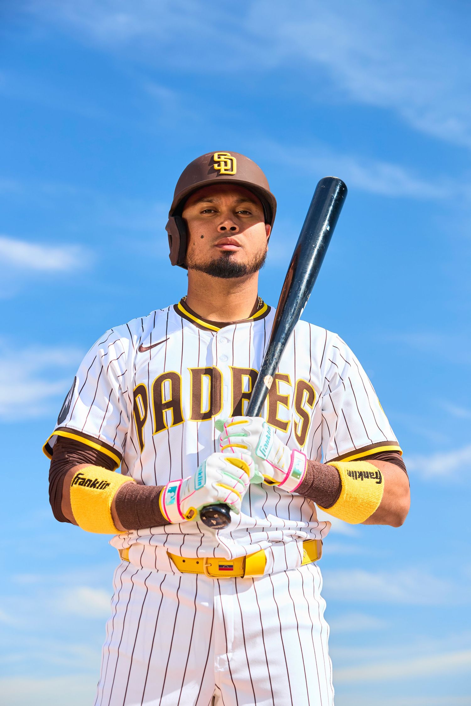 Baseball player in San Diego Padres pinstripe uniform holds bat against blue sky background.