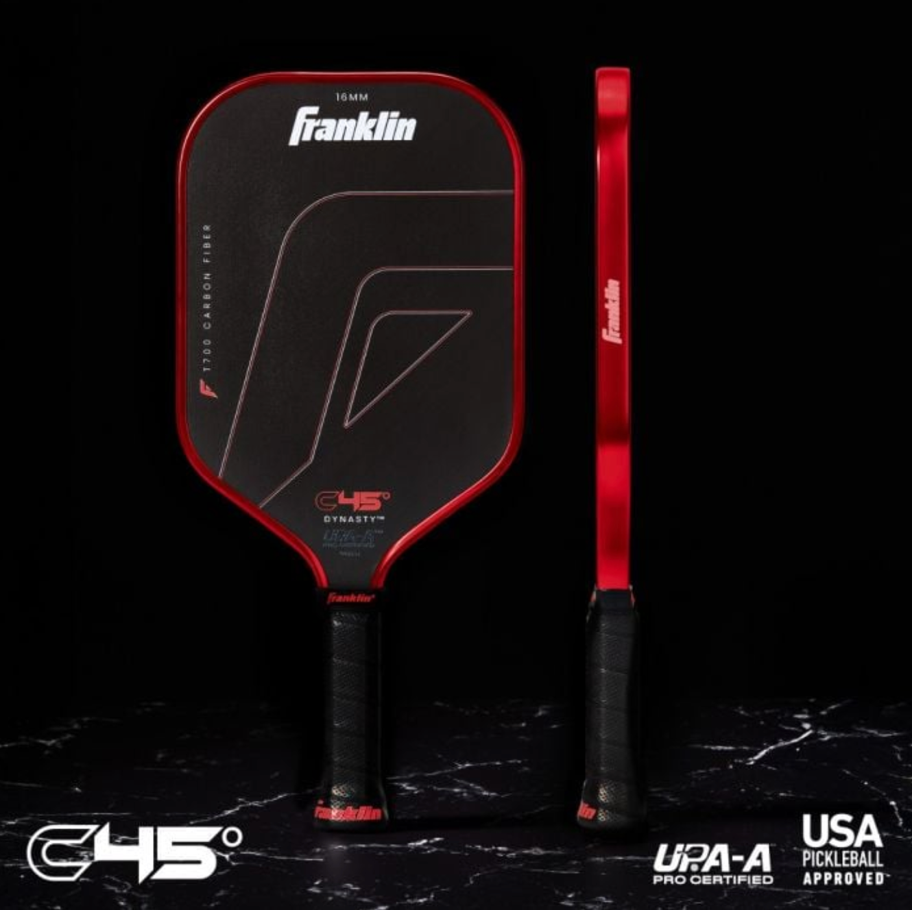 Franklin Sports pickleball paddle shown in progressive product views against dark background with red accents.
