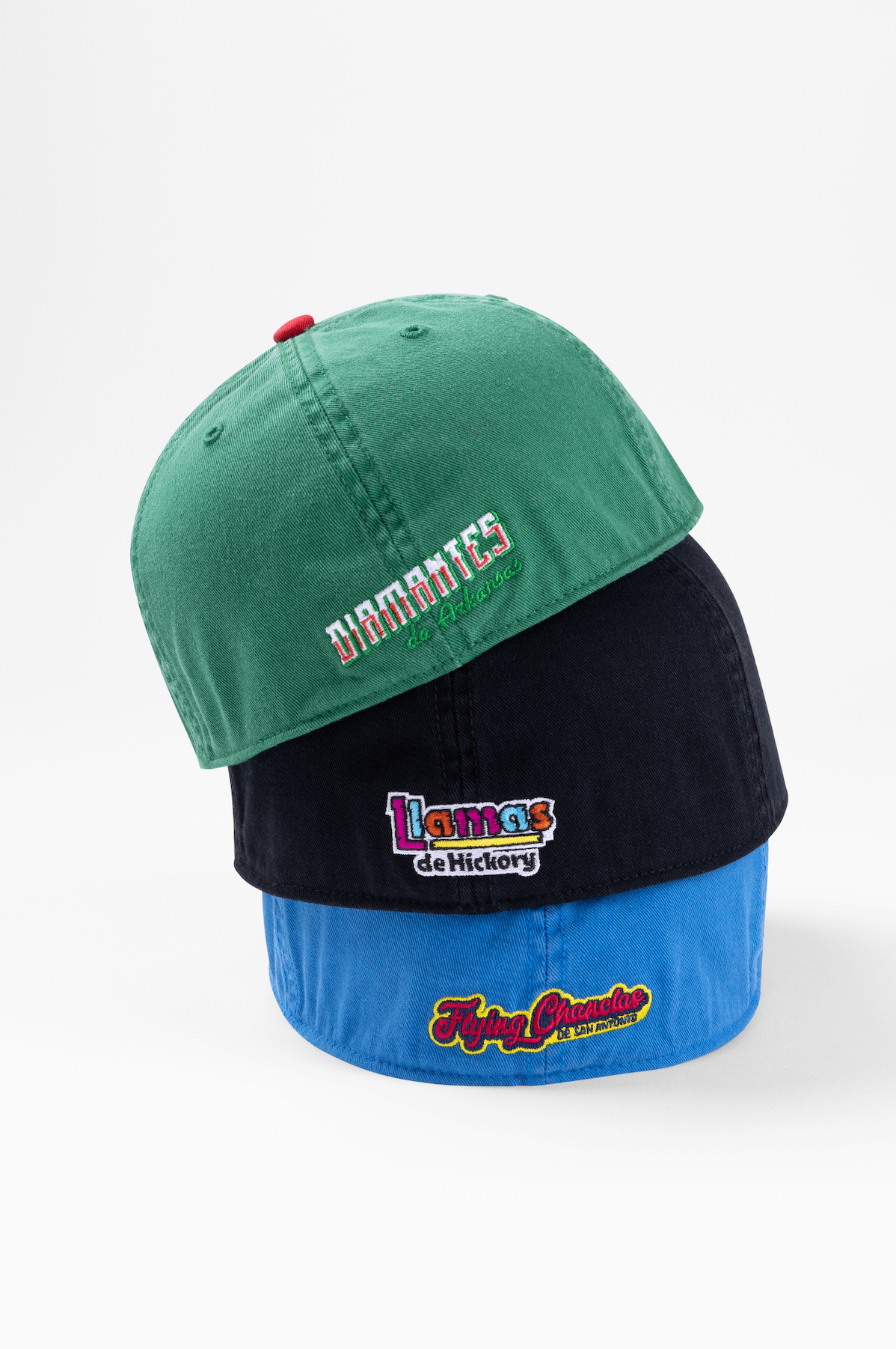 A green and blue two-tone baseball cap with embroidered logos shown from multiple angles.