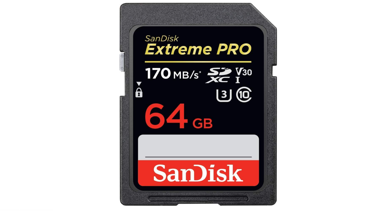 SanDisk Extreme PRO 64GB SDXC UHS-I memory card with 170MB/s read speed, V30, U3, Class 10 rating.