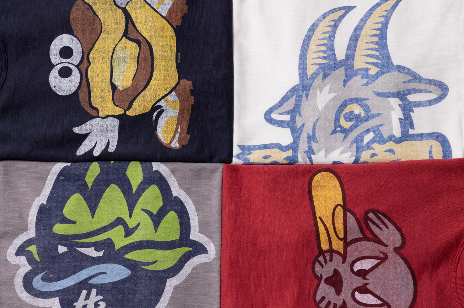 A collage of four cartoon mascot logos featuring a yellow bird, blue goat, green artichoke, and red rabbit designs.
