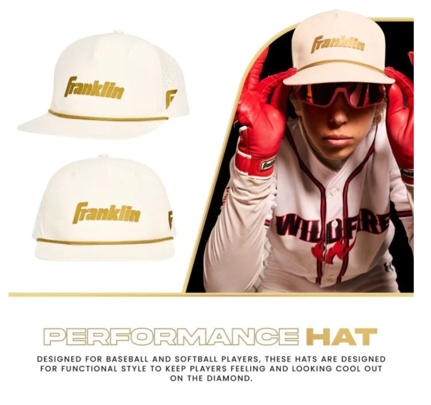 Baseball player wearing white Franklin Performance Hat with gold logo designed for functional style and cooling.