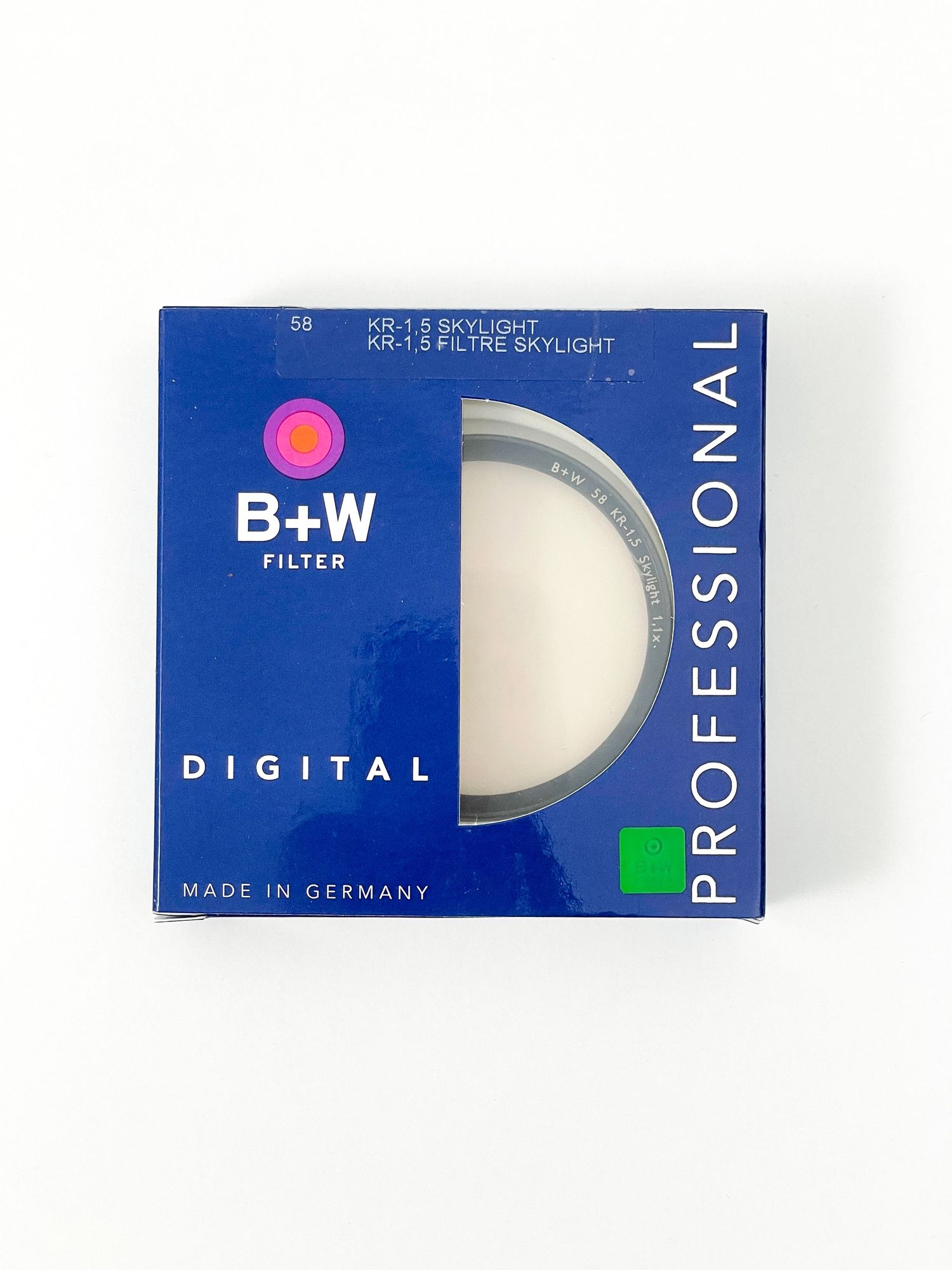 B+W 58mm KR-1.5 Skylight Digital Professional camera lens filter in blue box, Made in Germany.
