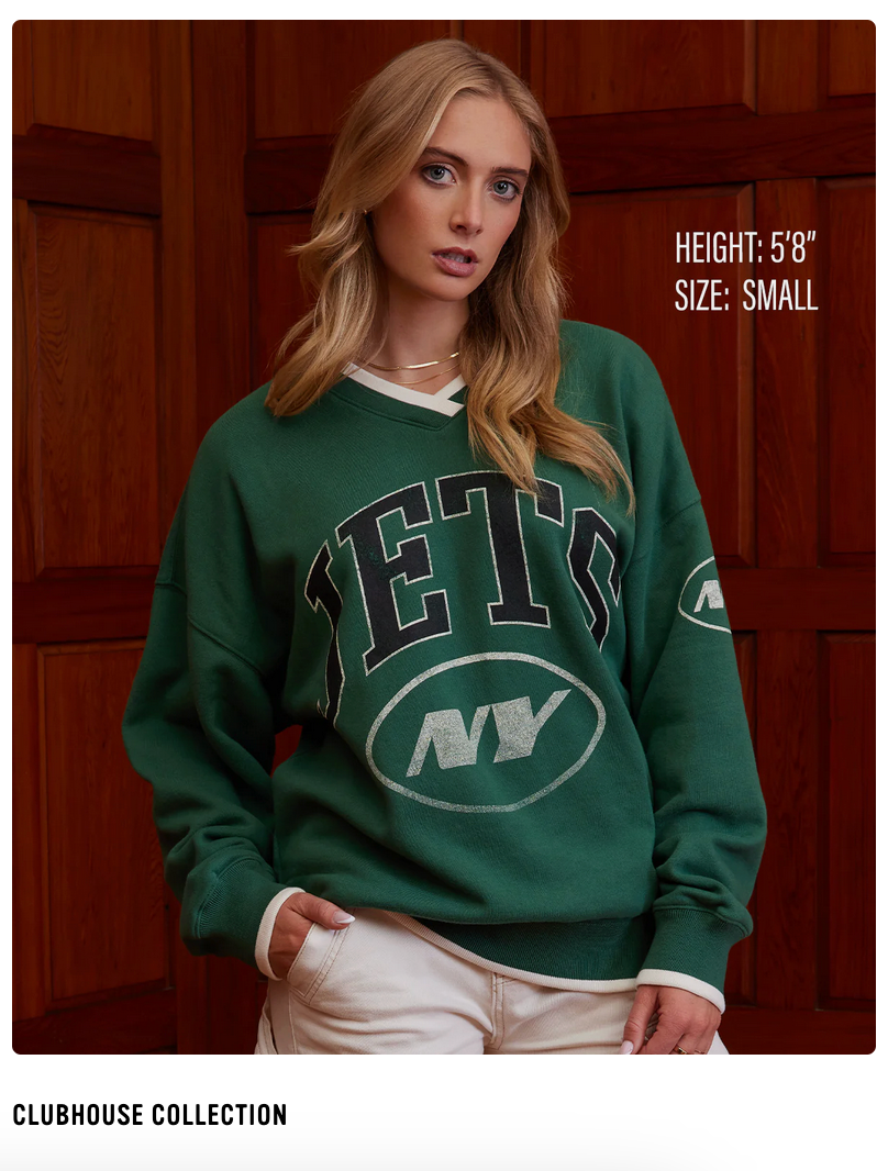 Green vintage-style New York Jets NFL sweatshirt shown from multiple angles with white contrast details.