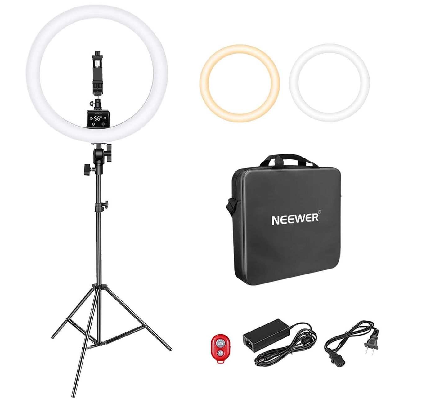 Neewer ring light kit with stand, carrying case, remote, and adapter for photography and video.