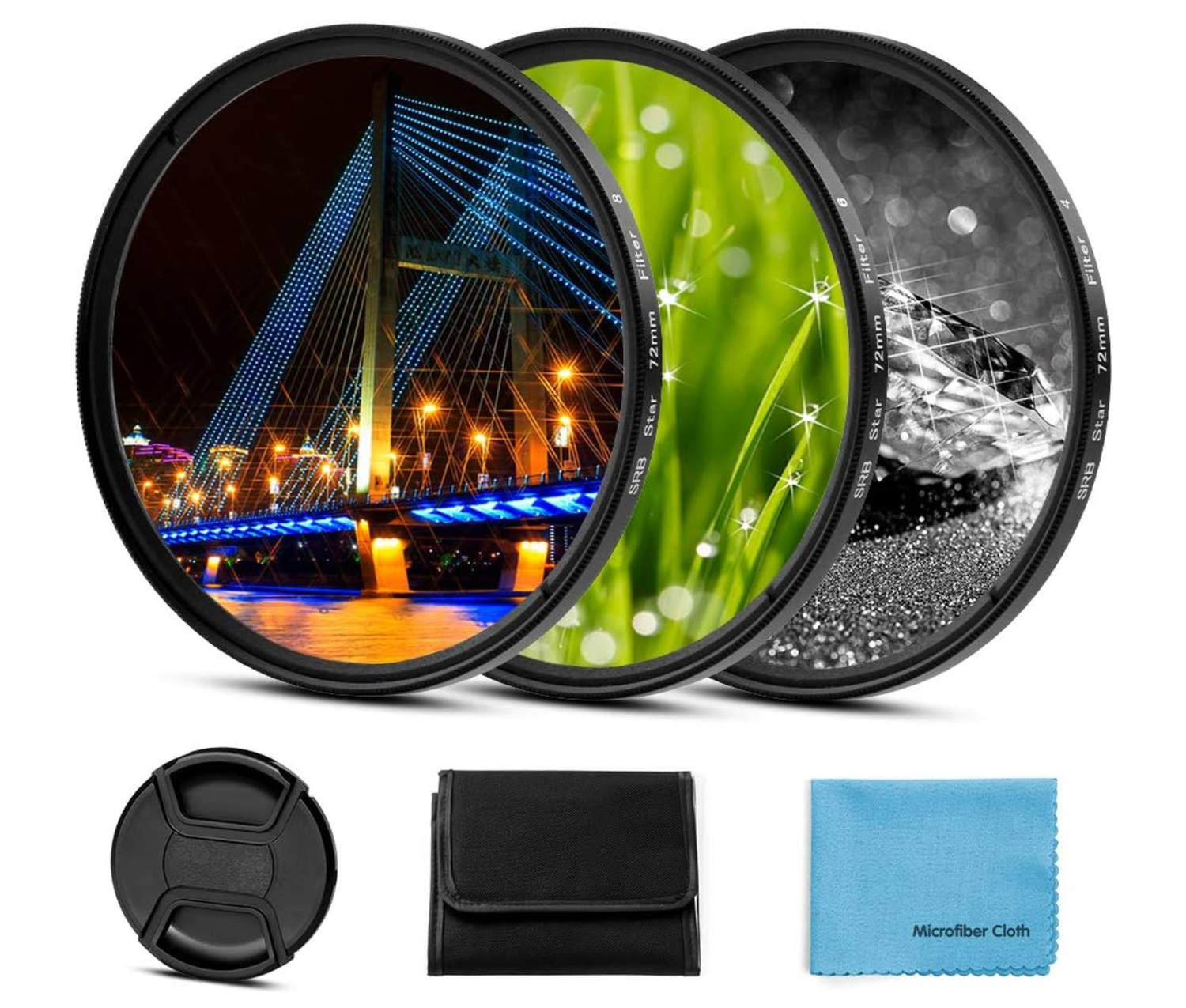 Set of 3 camera lens filters showing night bridge, green nature, and black white landscape scenes, with lens cap and case.