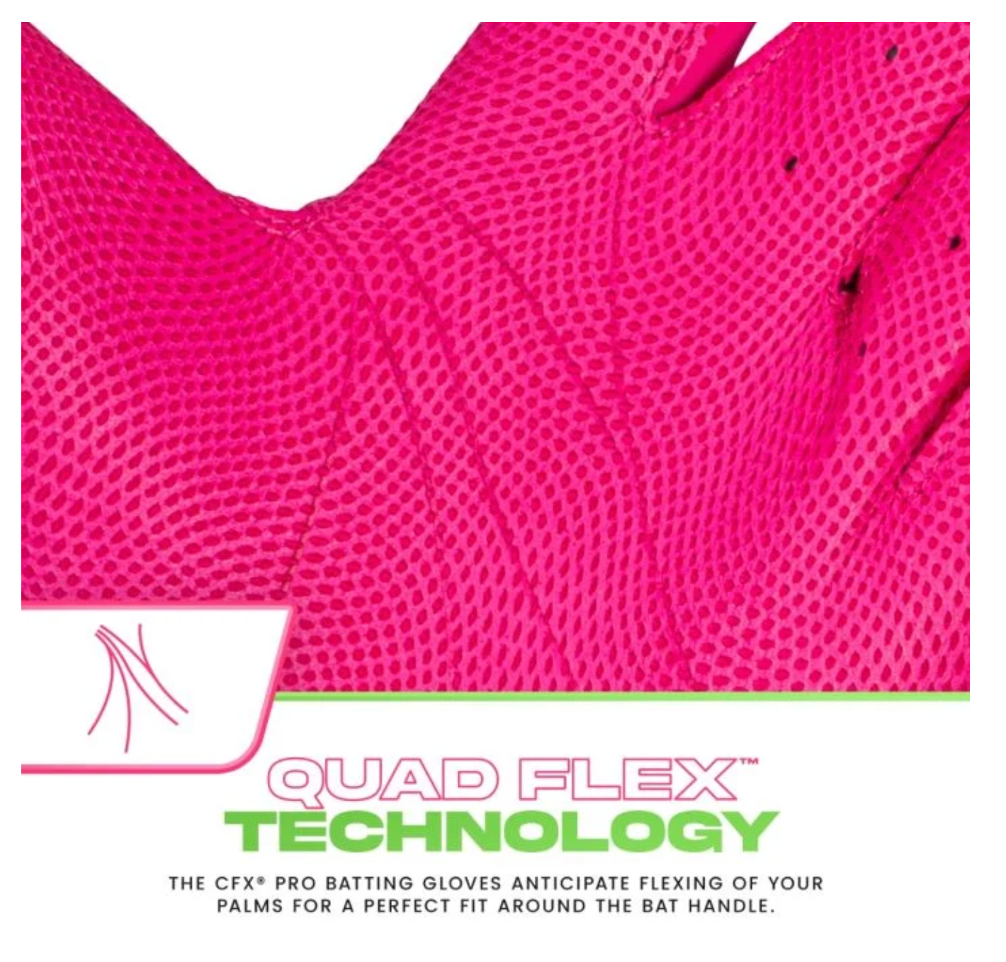 Close-up view of pink textured material with Quad Flex technology branding text against a bright magenta background.