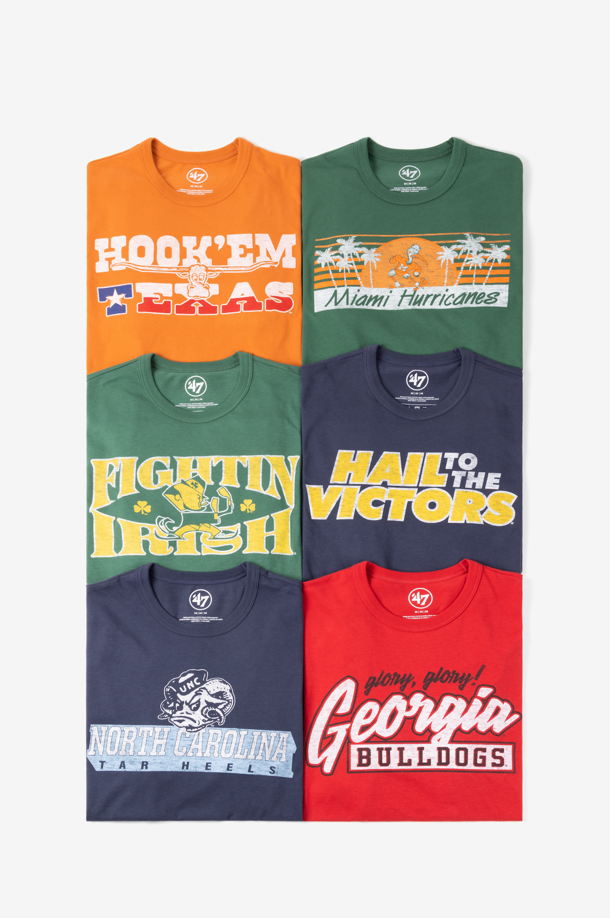 Collection of college sports t-shirts featuring team logos and names for Notre Dame, Georgia Bulldogs, and other universities.