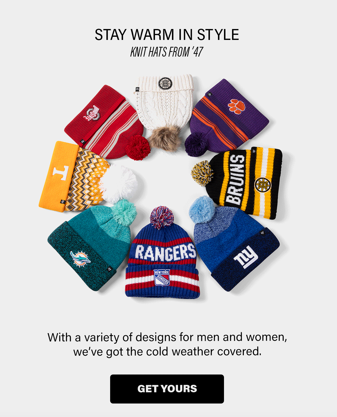 Collection of colorful winter knit hats and beanies featuring sports team logos and pom poms displayed on white background.