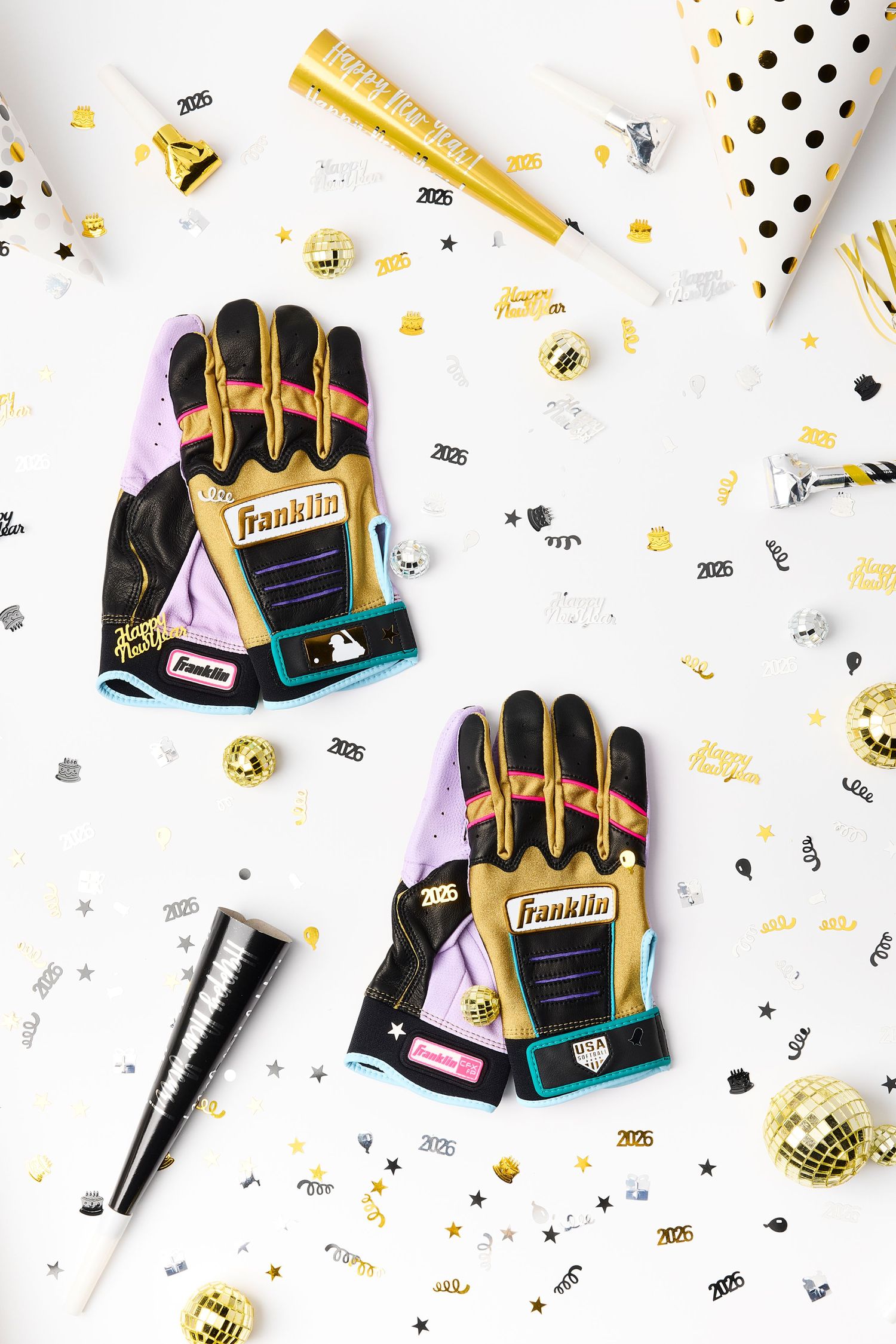 Colorful sports gloves and party confetti scattered on white background with gold and silver decorative elements.