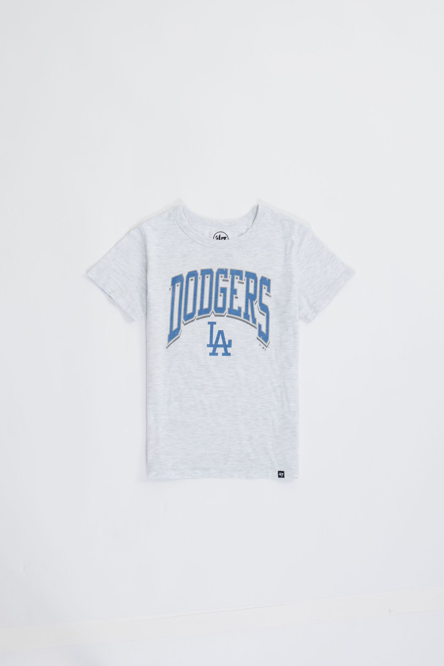 A gray Los Angeles Dodgers baseball team t-shirt with blue text logo displayed on white background.