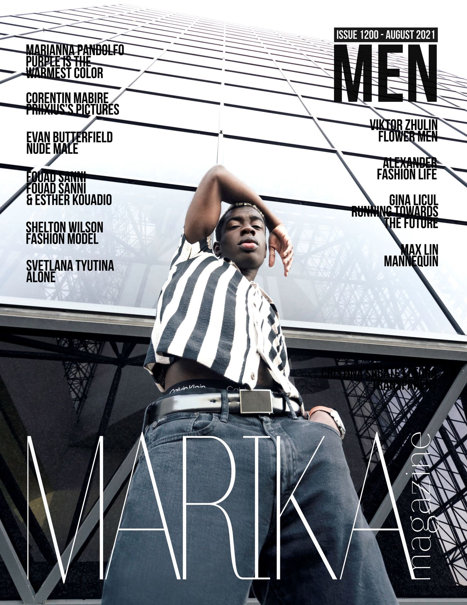 Black and white magazine cover design showing overlapping text and masthead layouts for MEN publication.