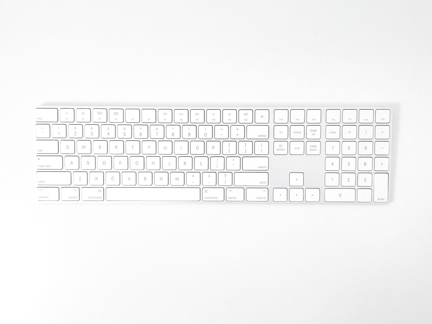 Apple Magic Keyboard with numeric keypad in silver and white on a clean white background.