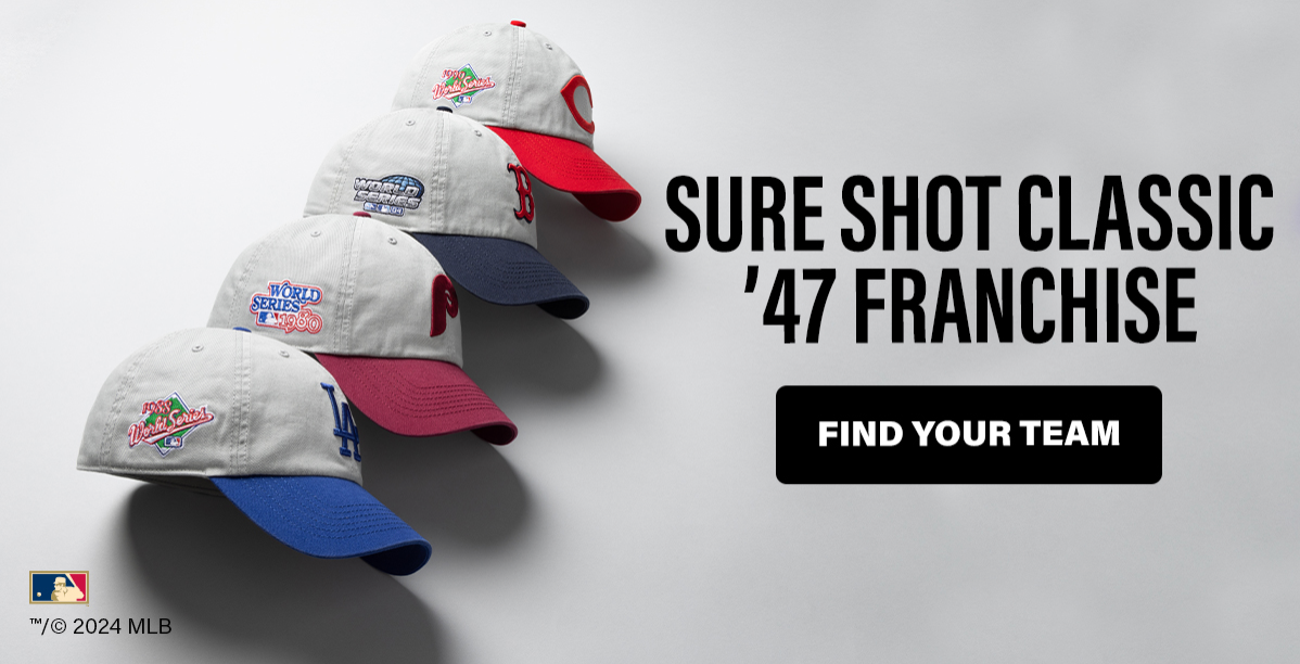 MLB baseball caps from the Sure Shot Classic Franchise collection displayed in a row showing different team colors.