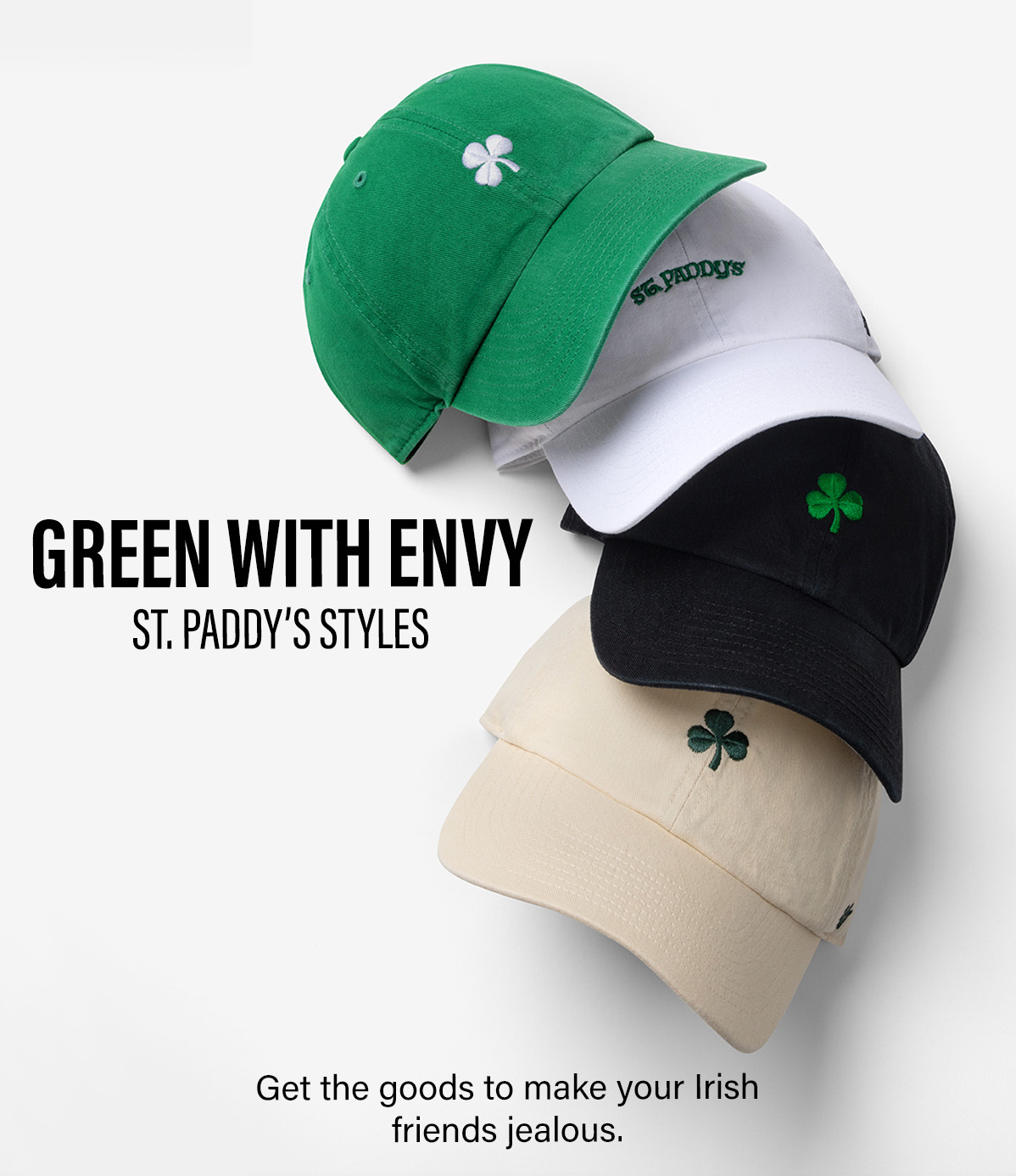 Green and black baseball caps with shamrock designs displayed in a stylish St. Patrick's Day themed product layout.