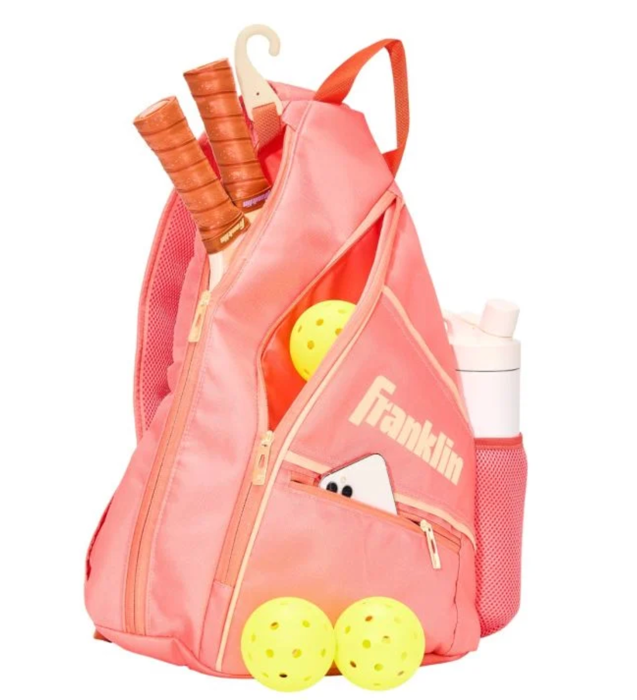Pink pickleball bag with paddles and neon yellow balls shown from multiple angles.