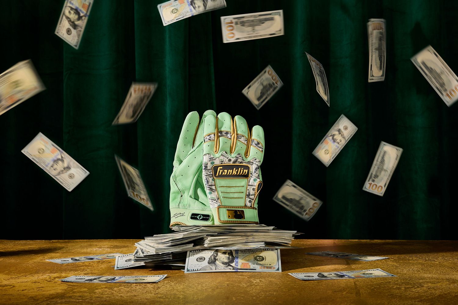 Money rains down against a dark background with US dollar bills falling in dramatic lighting.