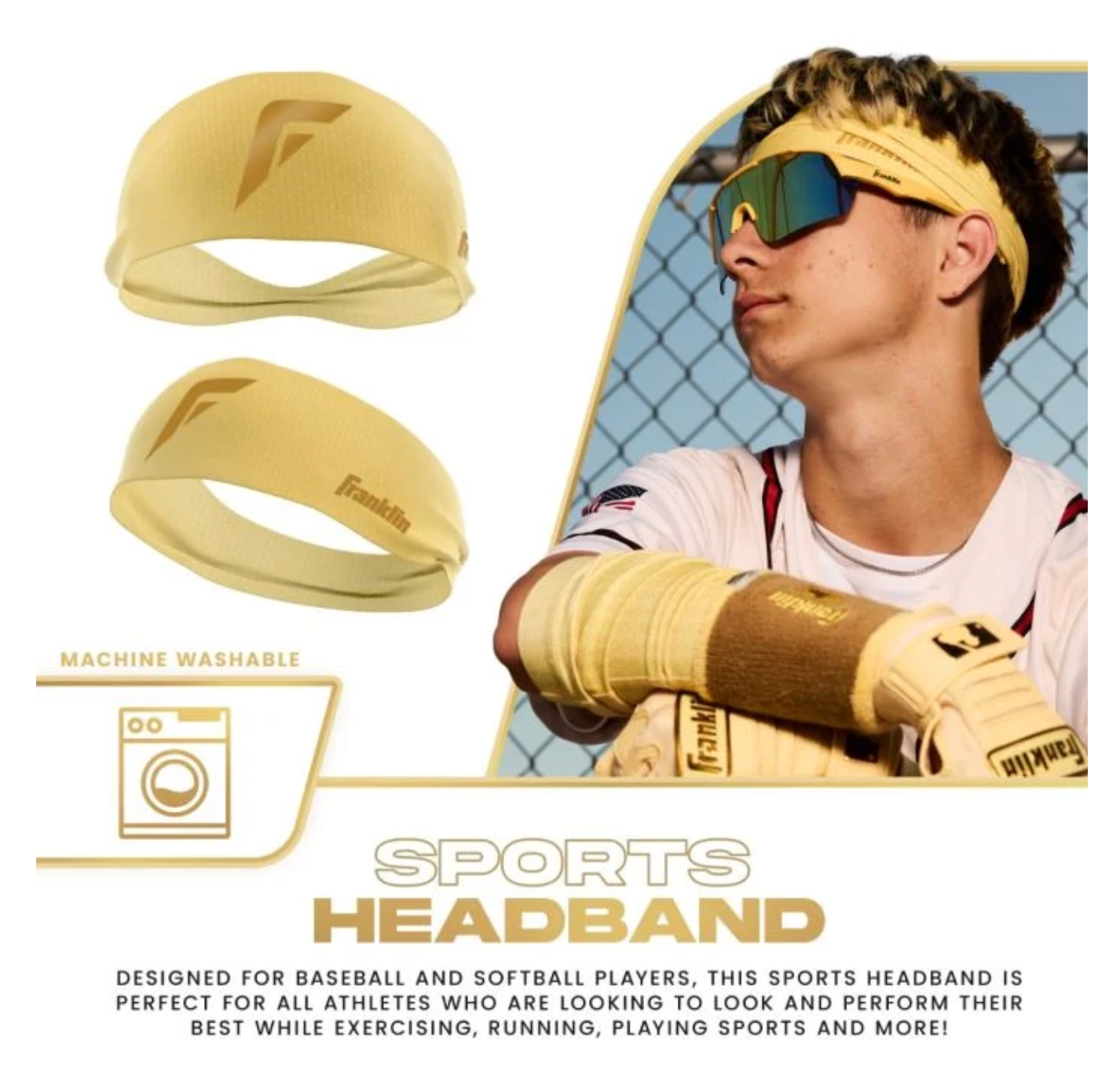 Sports headband being worn by athlete in sunglasses shown from multiple angles against blue and white background.
