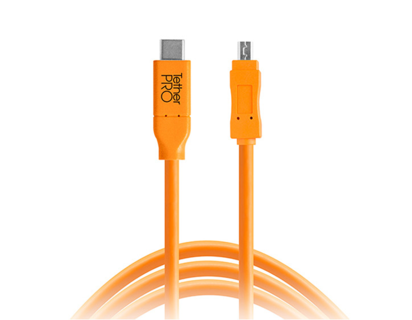 Bright orange USB-C to Micro-USB cable by Tether Tools, coiled on white background.