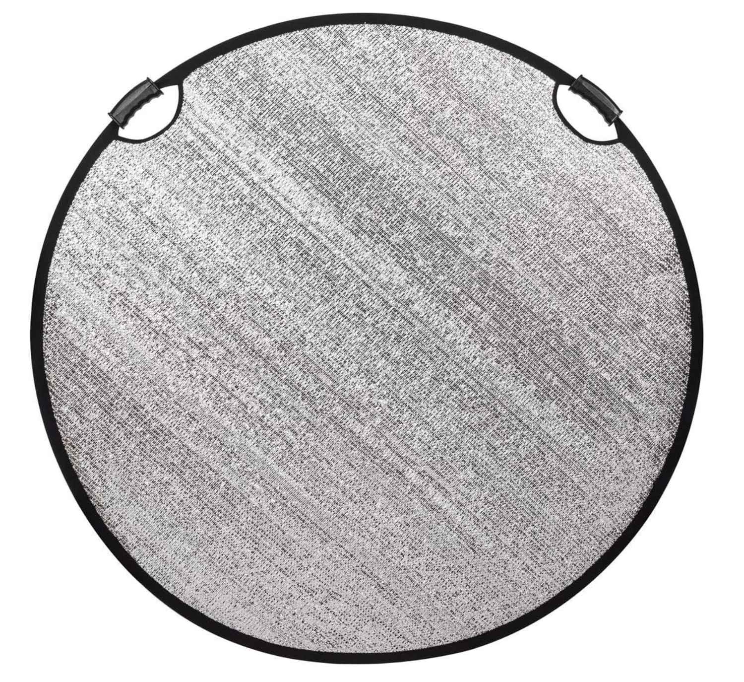 Round silver reflective sun shade with black trim and handles, ideal for blocking sunlight and heat in car windshields.