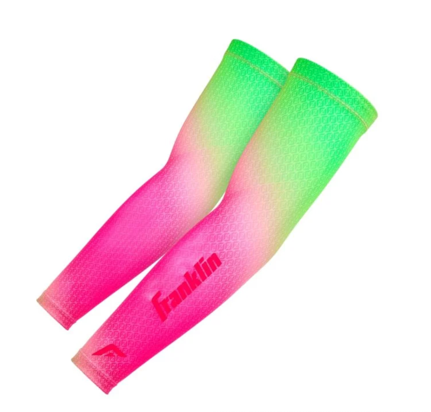 Colorful gradient compression sleeves in neon pink and green arranged in a diagonal line.