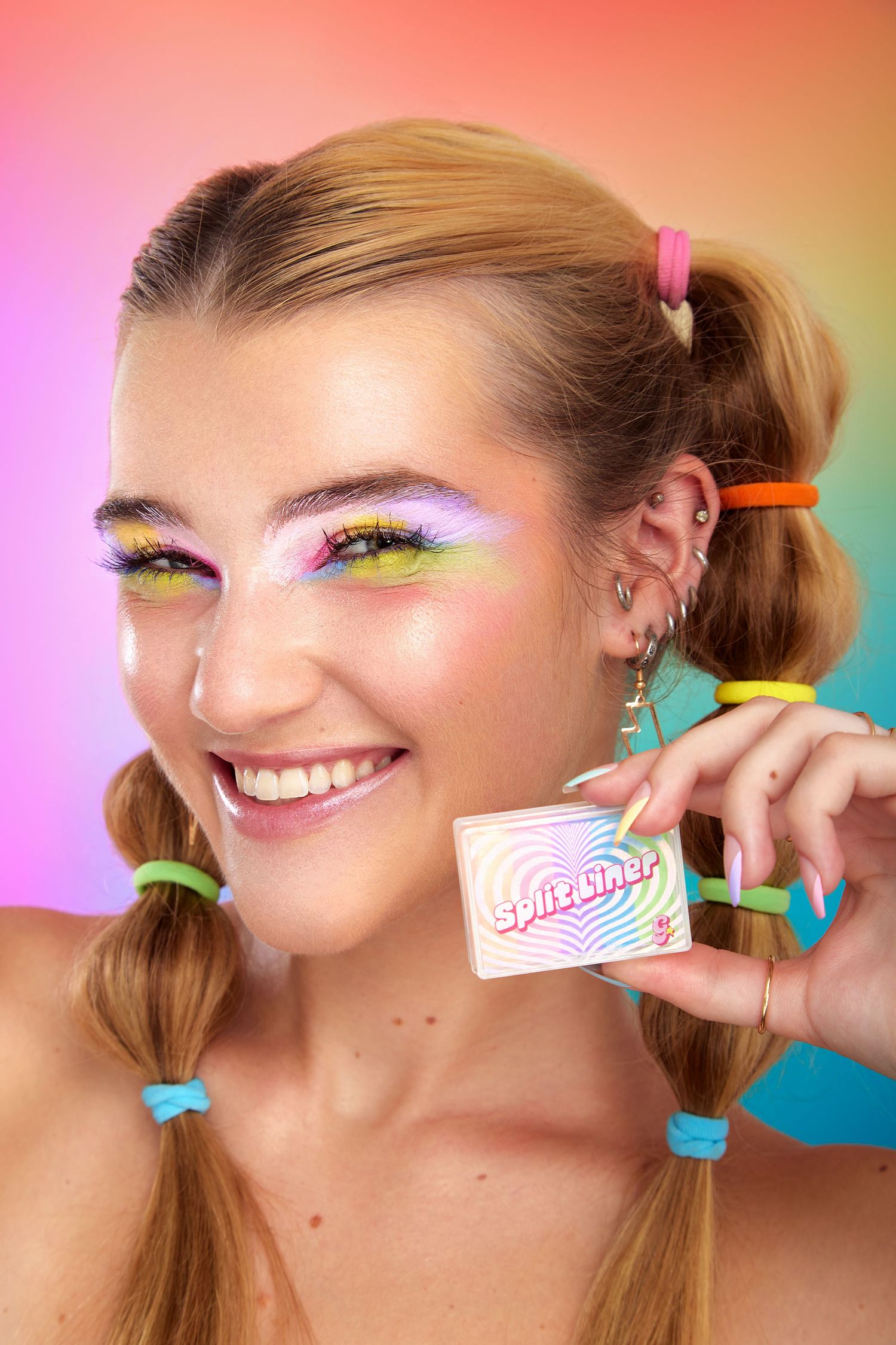 Colorful beauty portrait series showing pink makeup and playful hair accessories against vibrant gradient backgrounds.