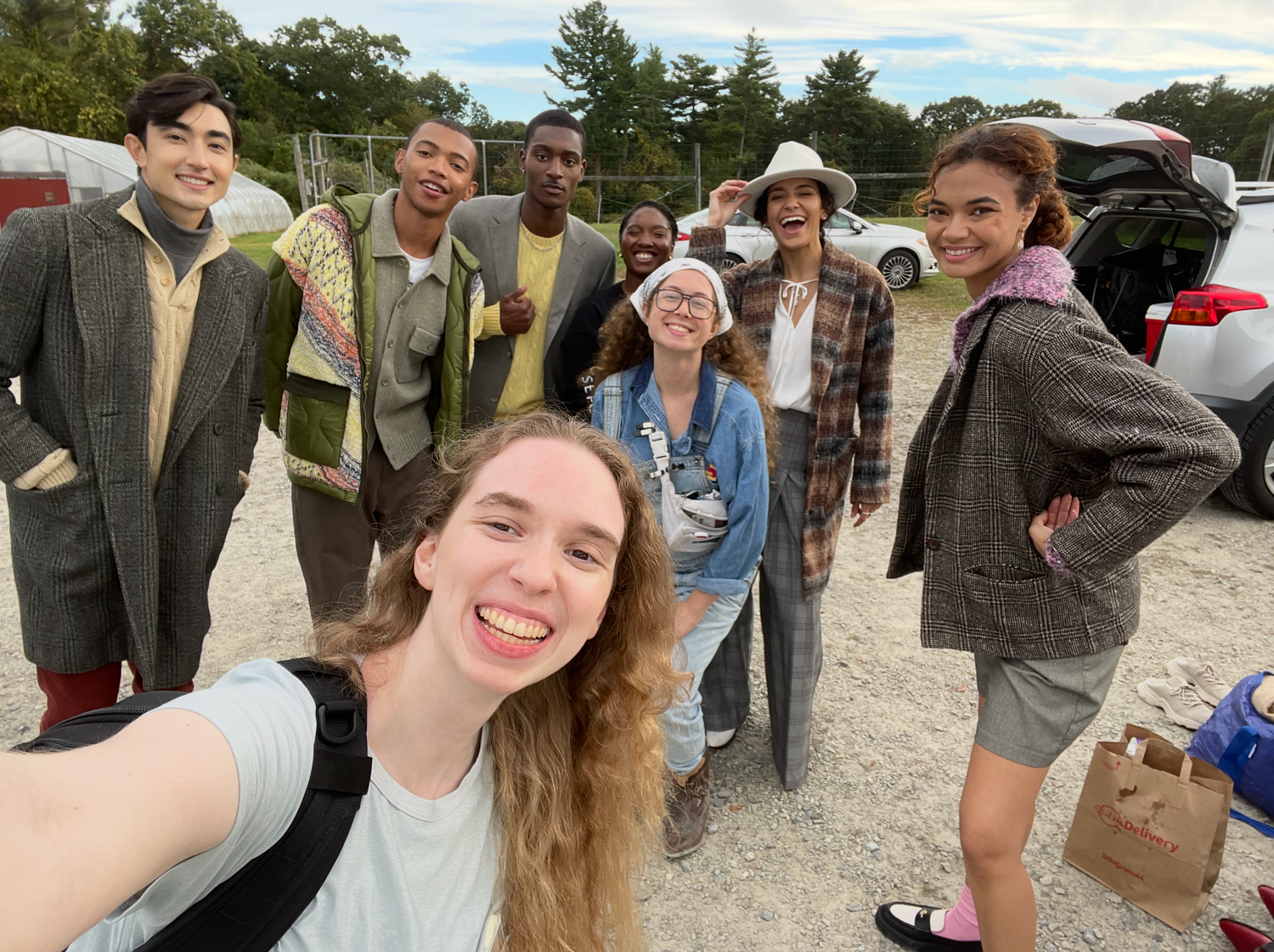 A panoramic collage of people outdoors enjoying a sunny day on a gravel path.