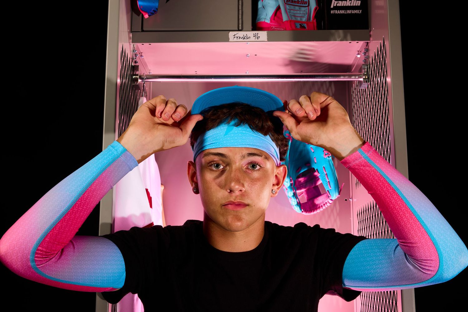Person in blue baseball cap poses against pink and blue lighting in a creative photo sequence.
