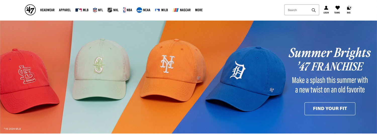 Colorful baseball caps from various sports teams displayed in a row on a white background.