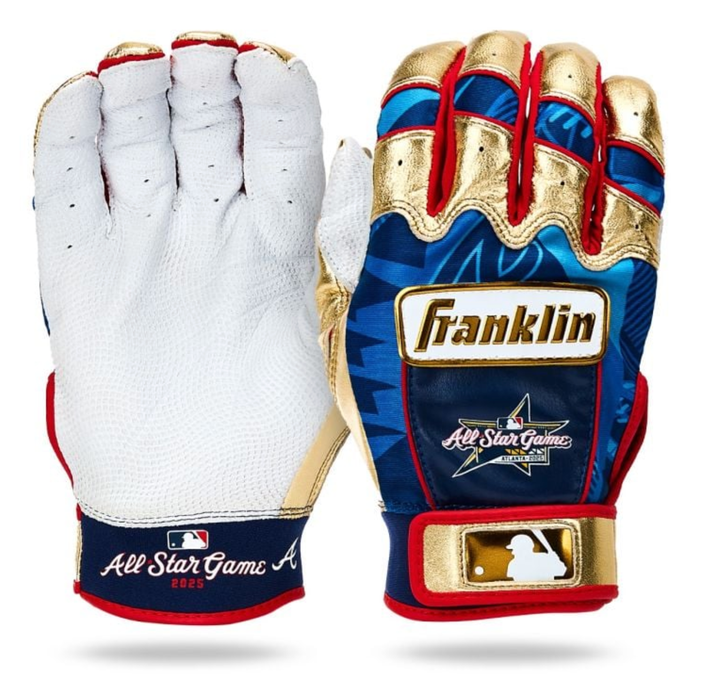 Professional baseball glove in blue and white leather with red trim shown from multiple angles displaying MLB All-Star Game branding.