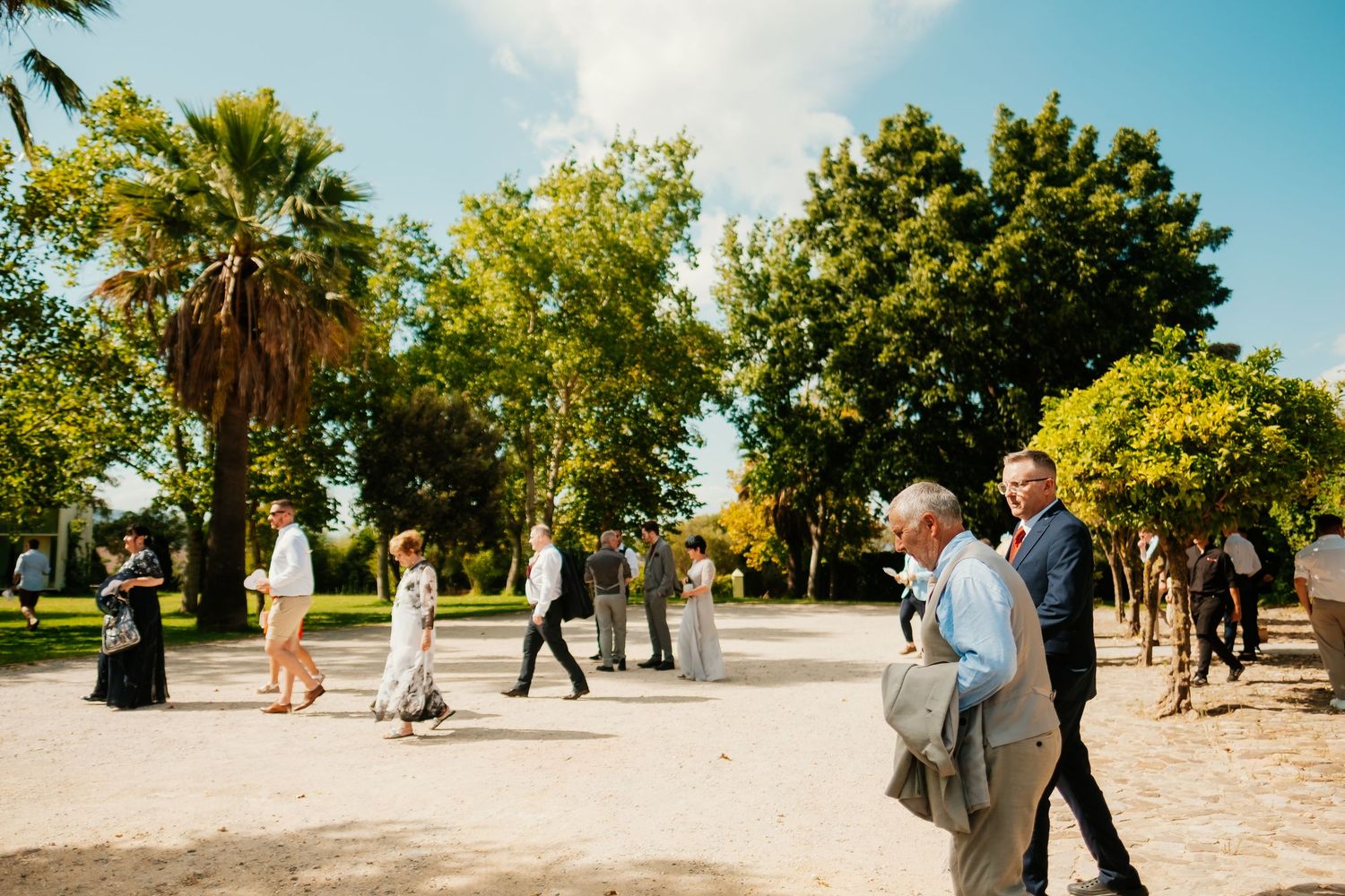 British guests enjoying a wild wedding party in Spain, documentary style