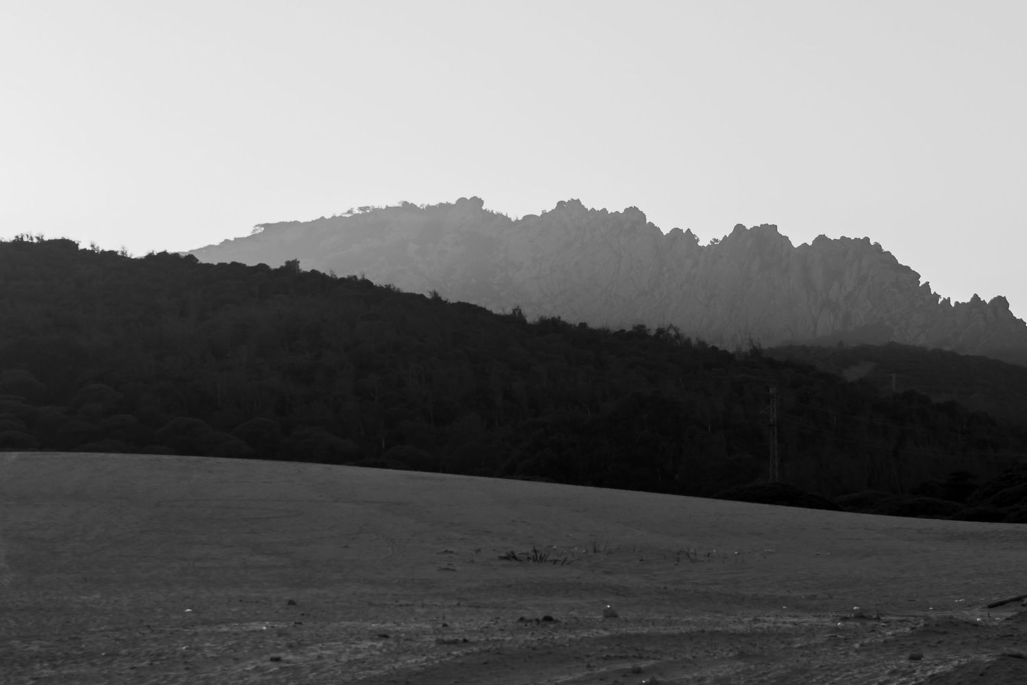 Misty rolling hills and mountains covered in dense forest stretch into the distance under an overcast sky.