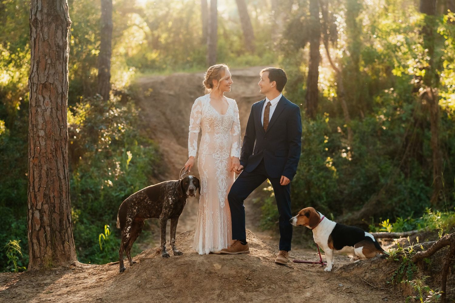 Pareja en sesión postboda en Pinar del Rey con furgoneta camper y dos perros al atardecer en San Roque