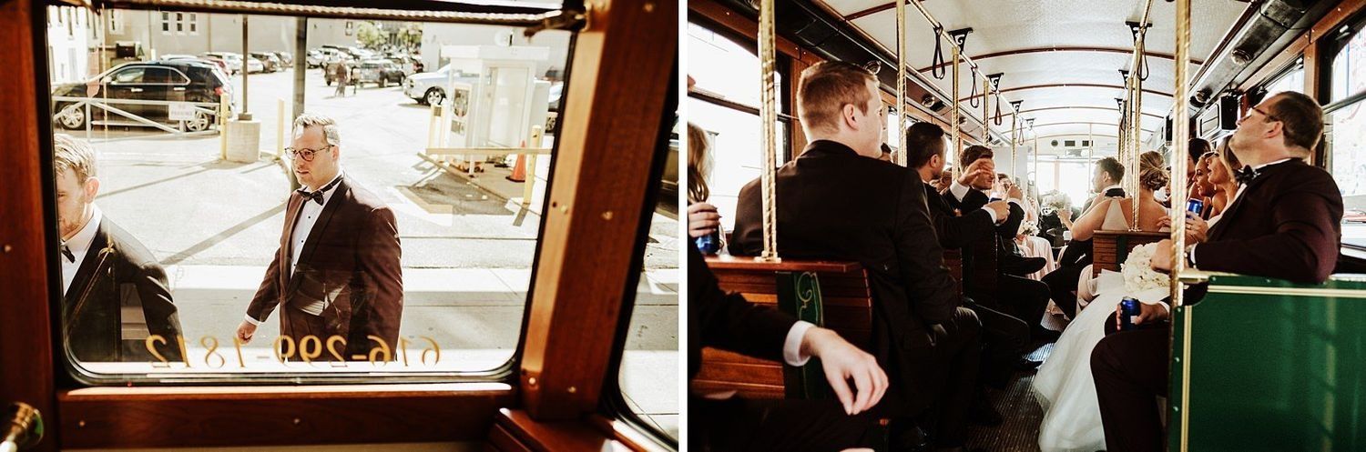 Bridal party and groomsmen boarding the vintage Grand Rapids Trolley