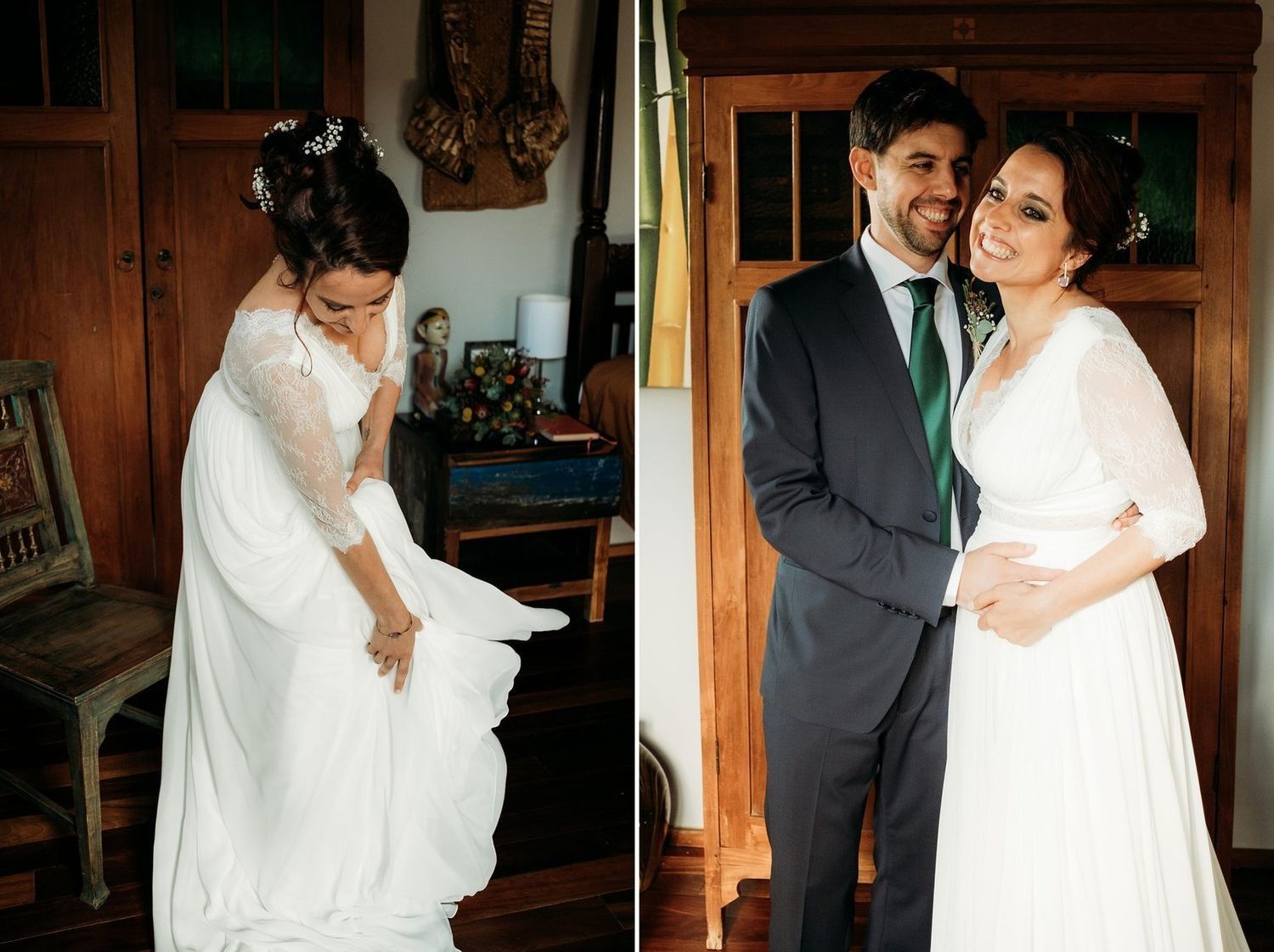 diptico de la novia Miriam con su hermano y ajustandose su vestido de boda