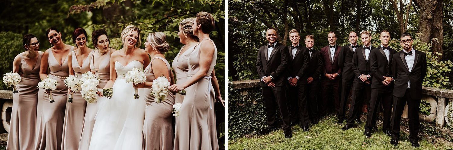 Wedding party diptych: Shannon with her bridesmaids and Karel with his groomsmen in Grand Rapids