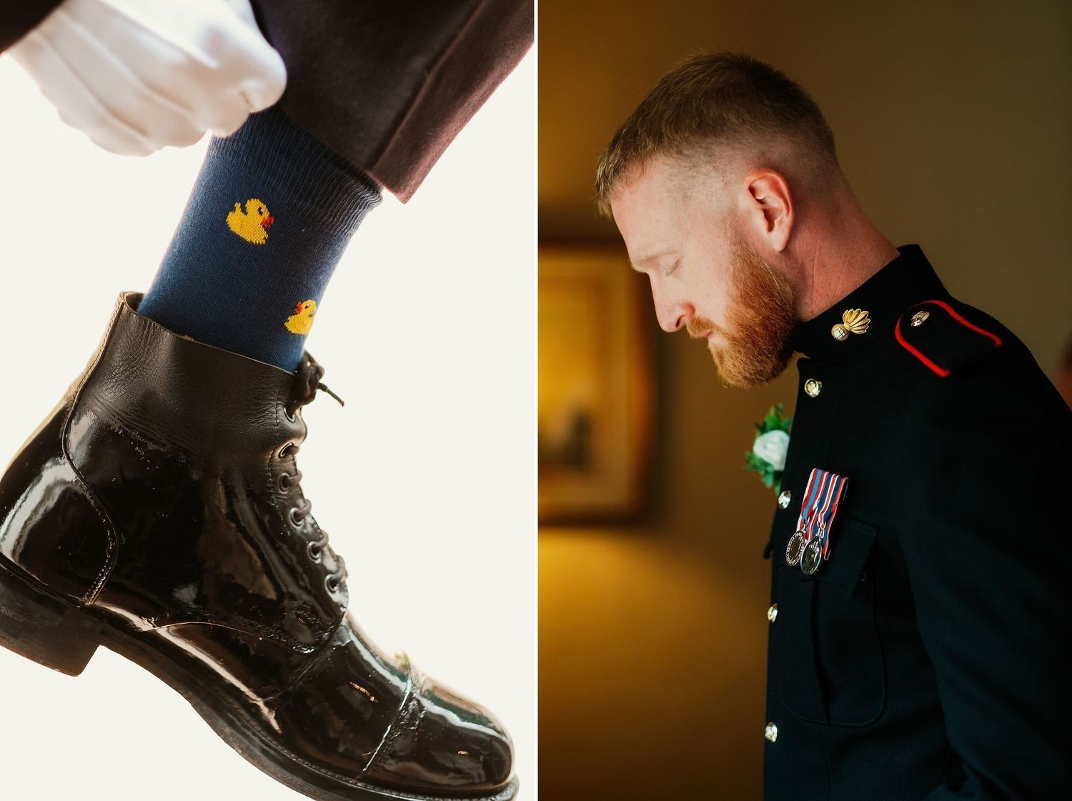 Novio militar ajustando su uniforme de gala en los preparativos en Finca Monasterio