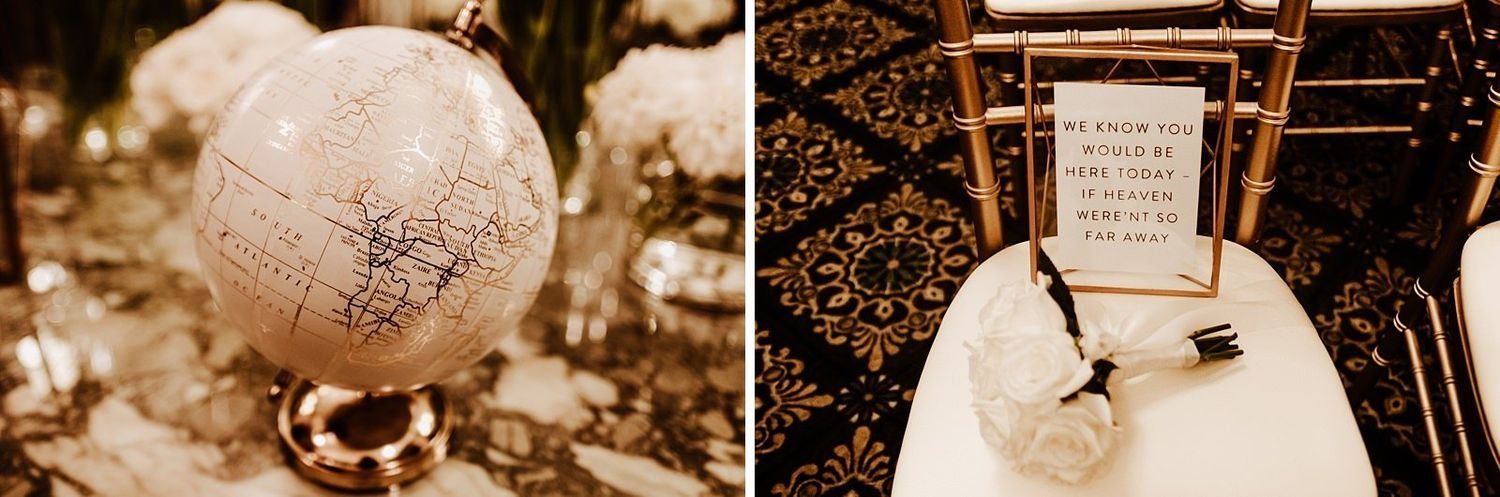 Travel themed wedding decor with a vintage globe at The Ballroom at McKay and Emotional wedding memorial seat