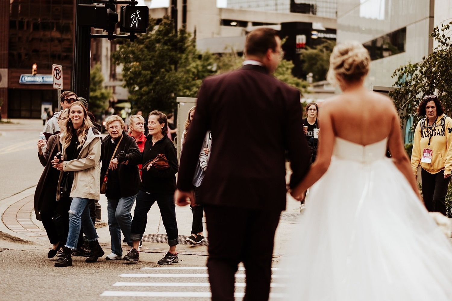 Wide angle shot of Shannon and Karel exploring the urban landscape of Grand Rapids, Michigan.