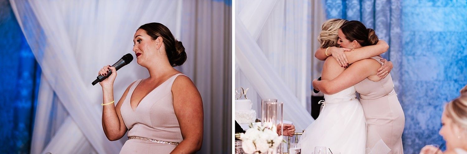 Emotional hug between Shannon and her bridesmaids after the wedding speeches.