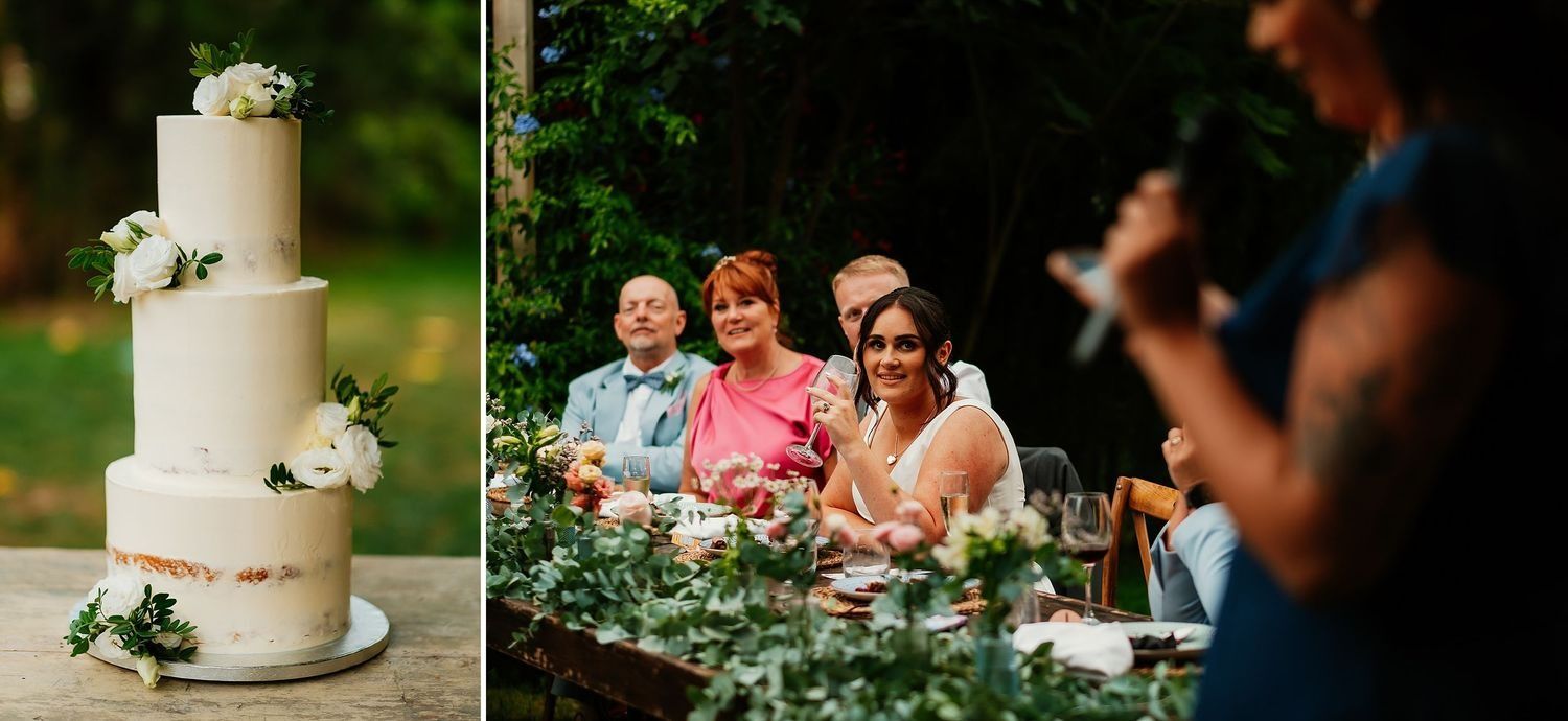 Discursos de los padrinos durante la cena de boda en Finca Monasterio y detalle de la tarta nupcial