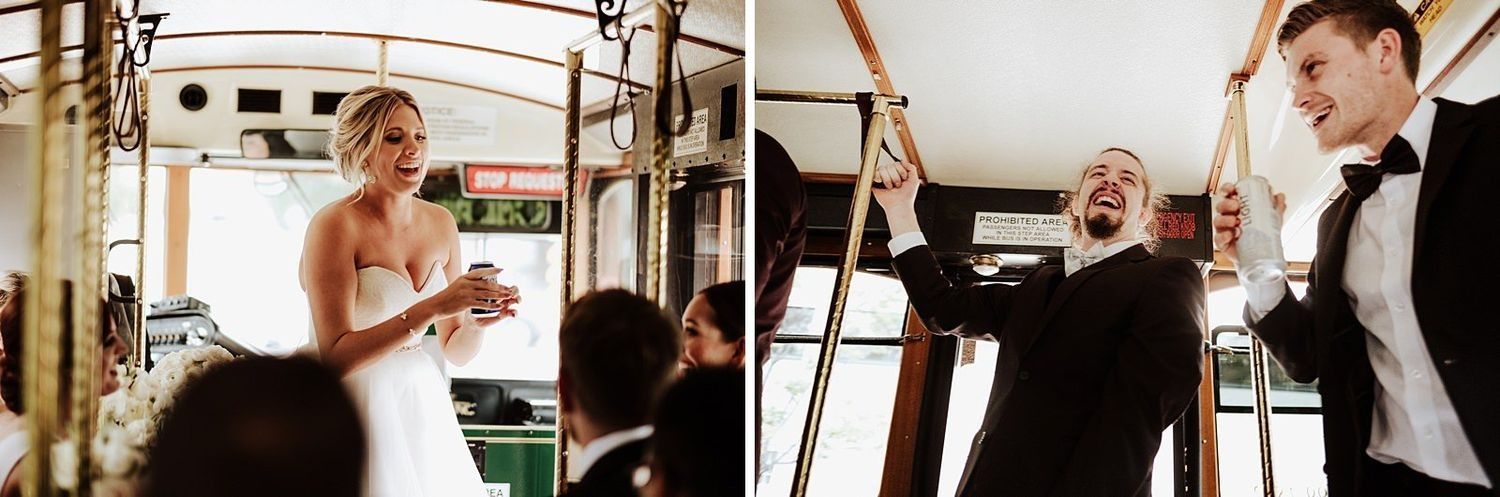 Wedding party having fun on the Trolley through the streets of Grand Rapids