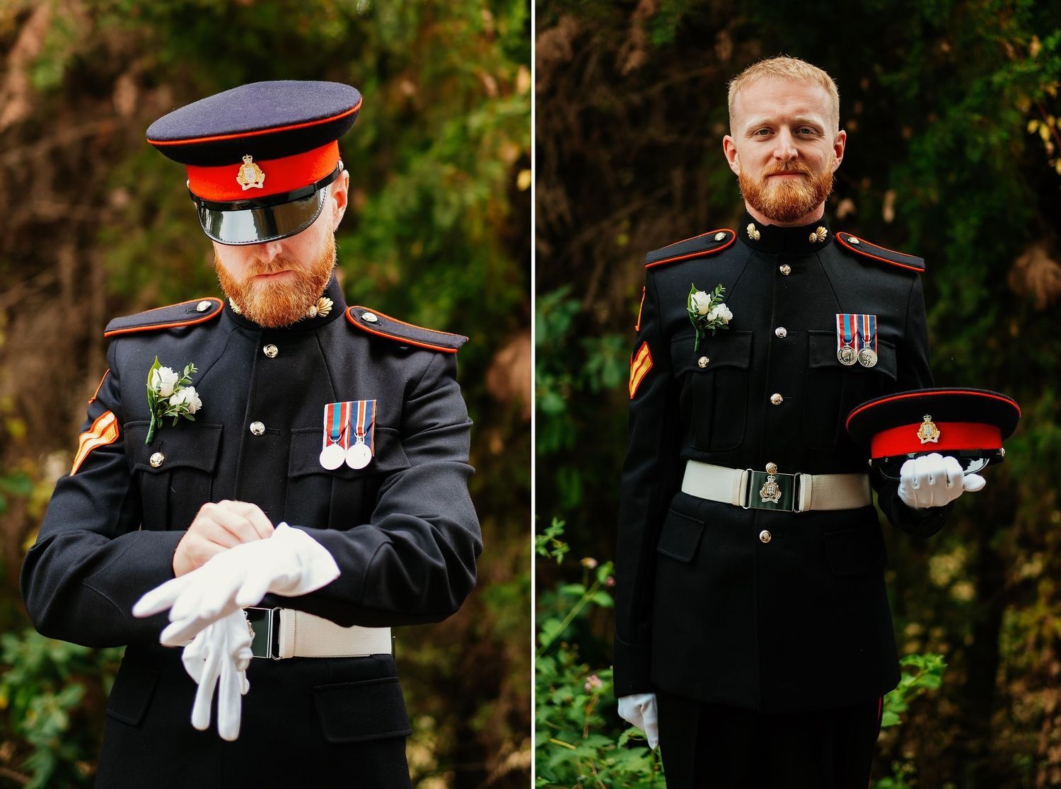 Retrato de Jordan con uniforme militar y gorra de plato estética de boda elegante y colocándose los guantes del uniforme militar