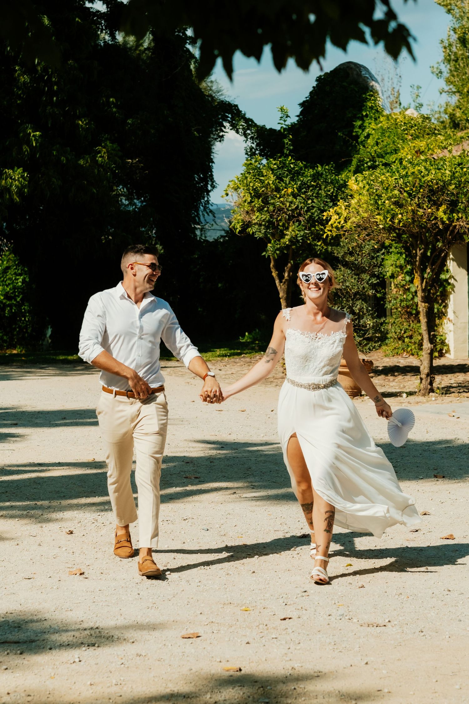 British couple enjoying a wild wedding party in Spain, documentary style