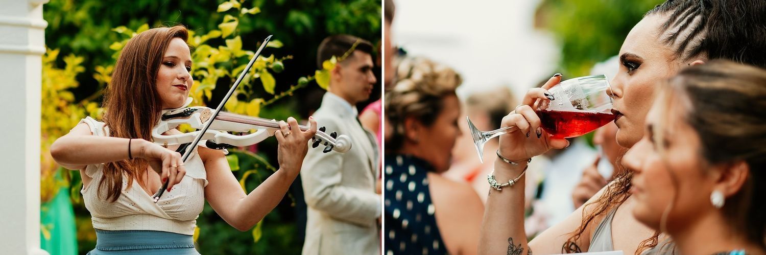 Violinista e invitadas en la boda de Jordan y Jade en Sotogrande y Finca Monasterio