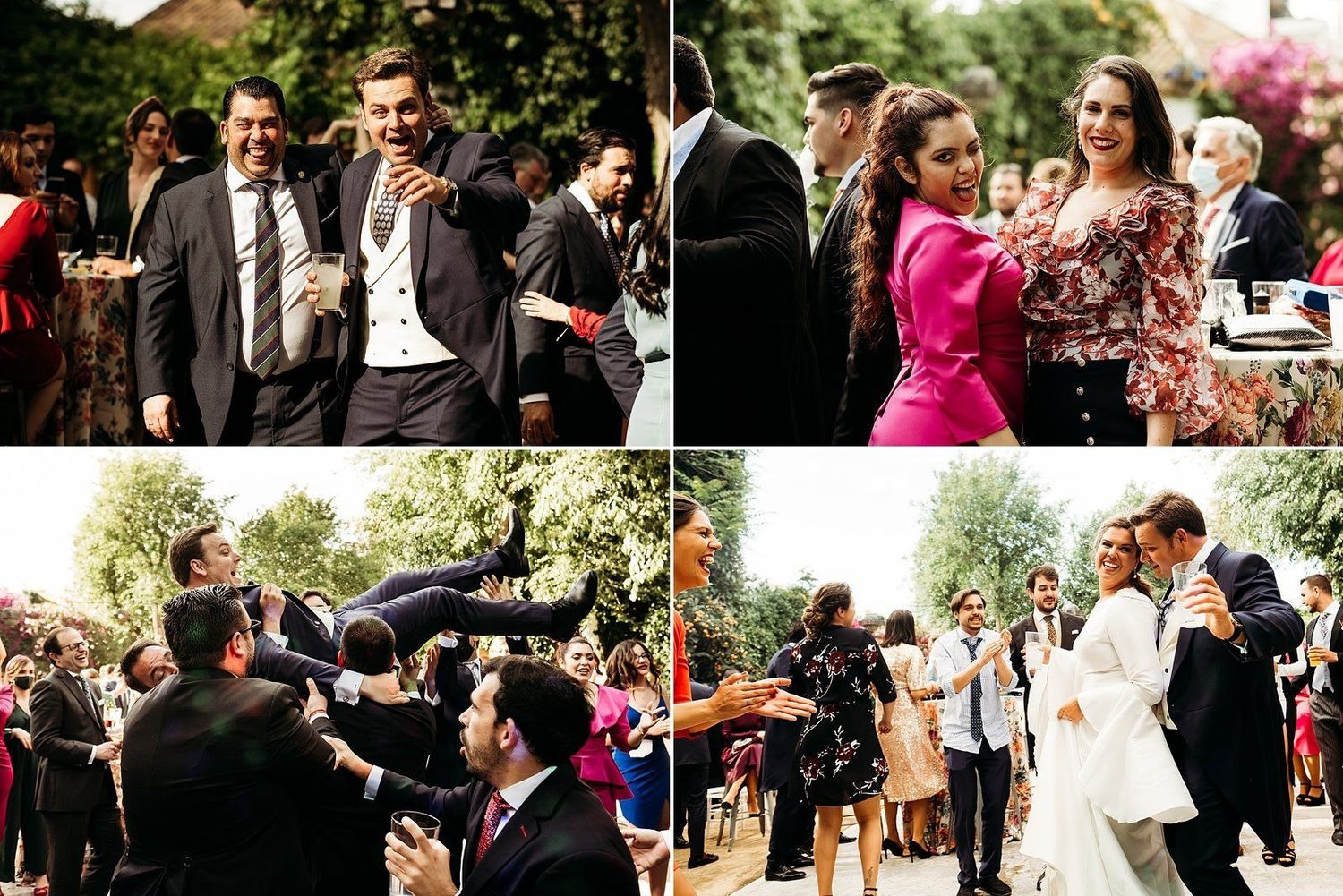 Momentos de diversión con los invitados bailando durante la fiesta de boda en Sevilla. Boda en Hacienda Los Ángeles
